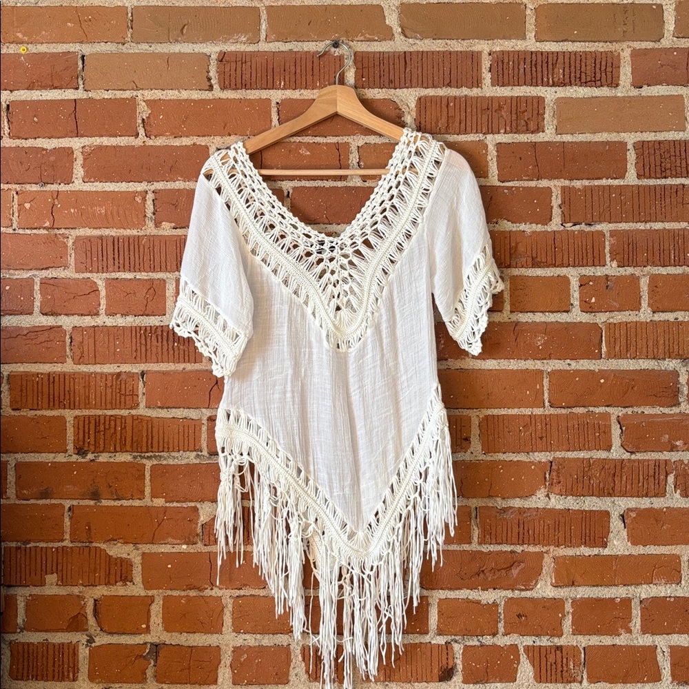 White Fringe Crochet Top